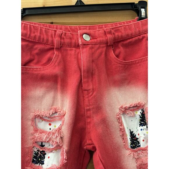 Girl Jeans Coral/Orange Distressed Christmas Tree Layered Bottom Size In Descrip - Picture 6 of 7